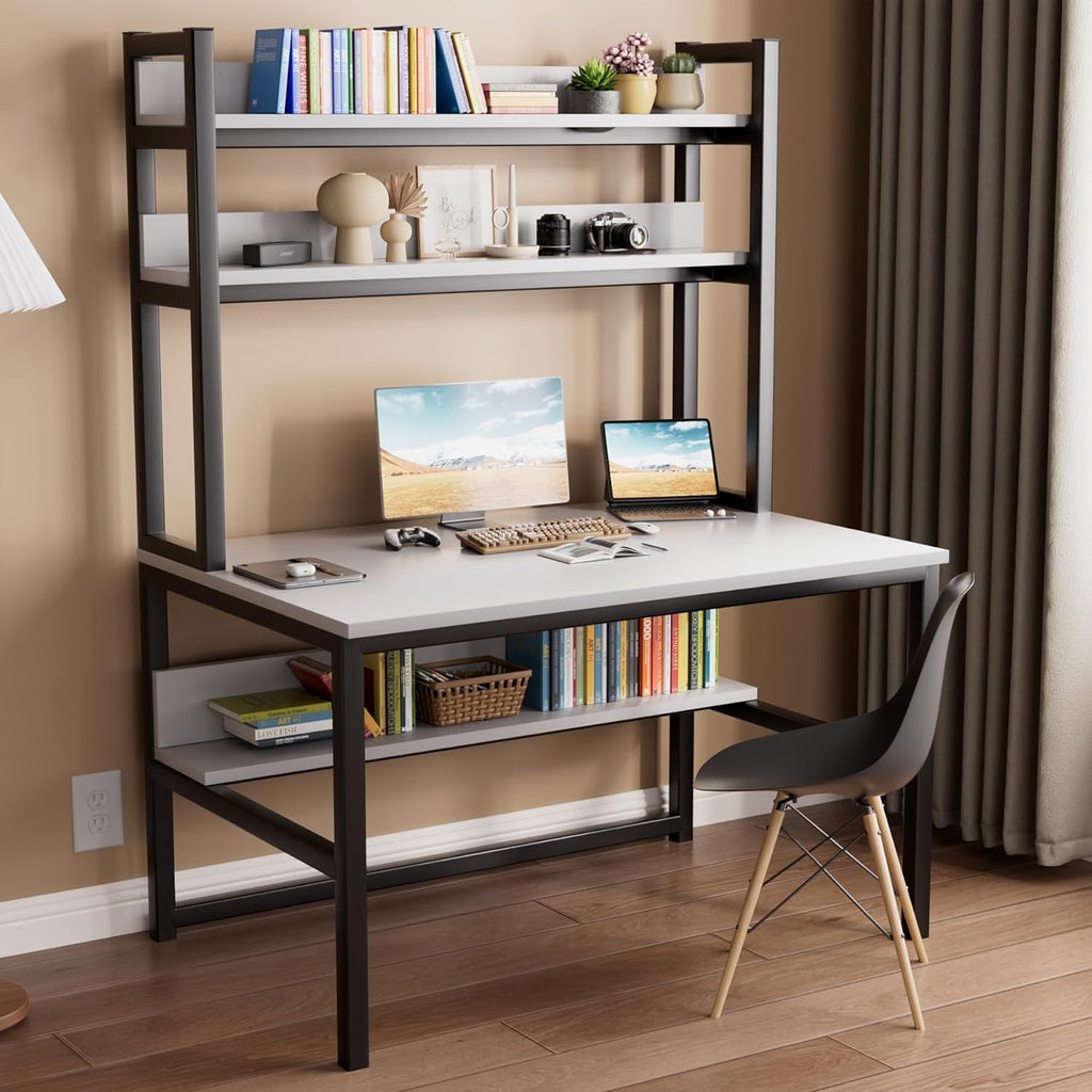 Aquzee Computer Desk, Easy Assembly Gaming Table with Hutch and Shelves, 4 Tiers Desk with Large Wood Desktop, Metal Legs, Ideal for Storage Study Work Writing Homework, White, 55Wx65Hx23.6D Inches