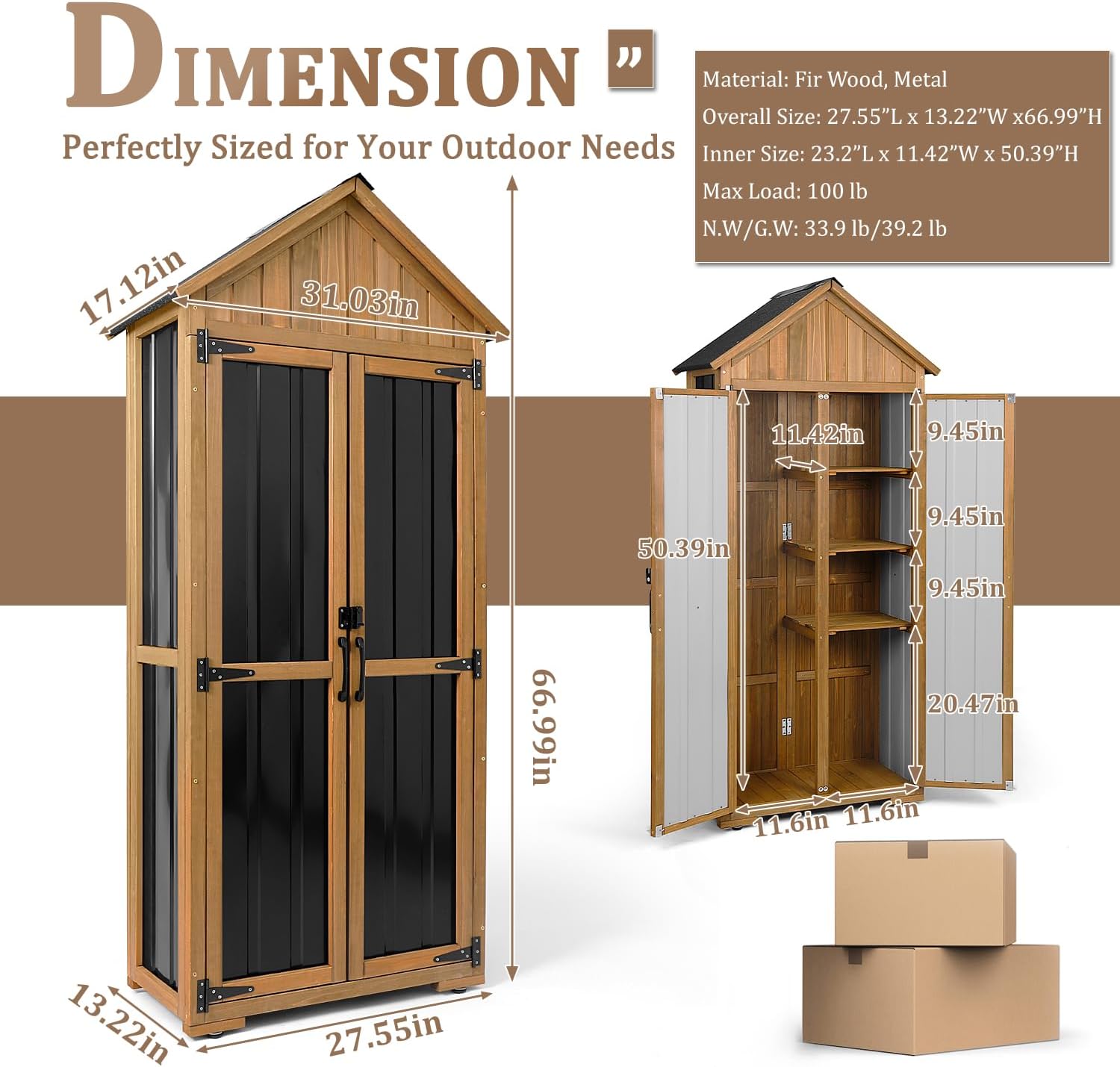 PetsCosset Outdoor Storage Cabinet Waterproof, Outdoor Storage Shed with Shelves, Wood & Metal Patio Backyard Garden Storage Cabinet Tool Organizer for Outside