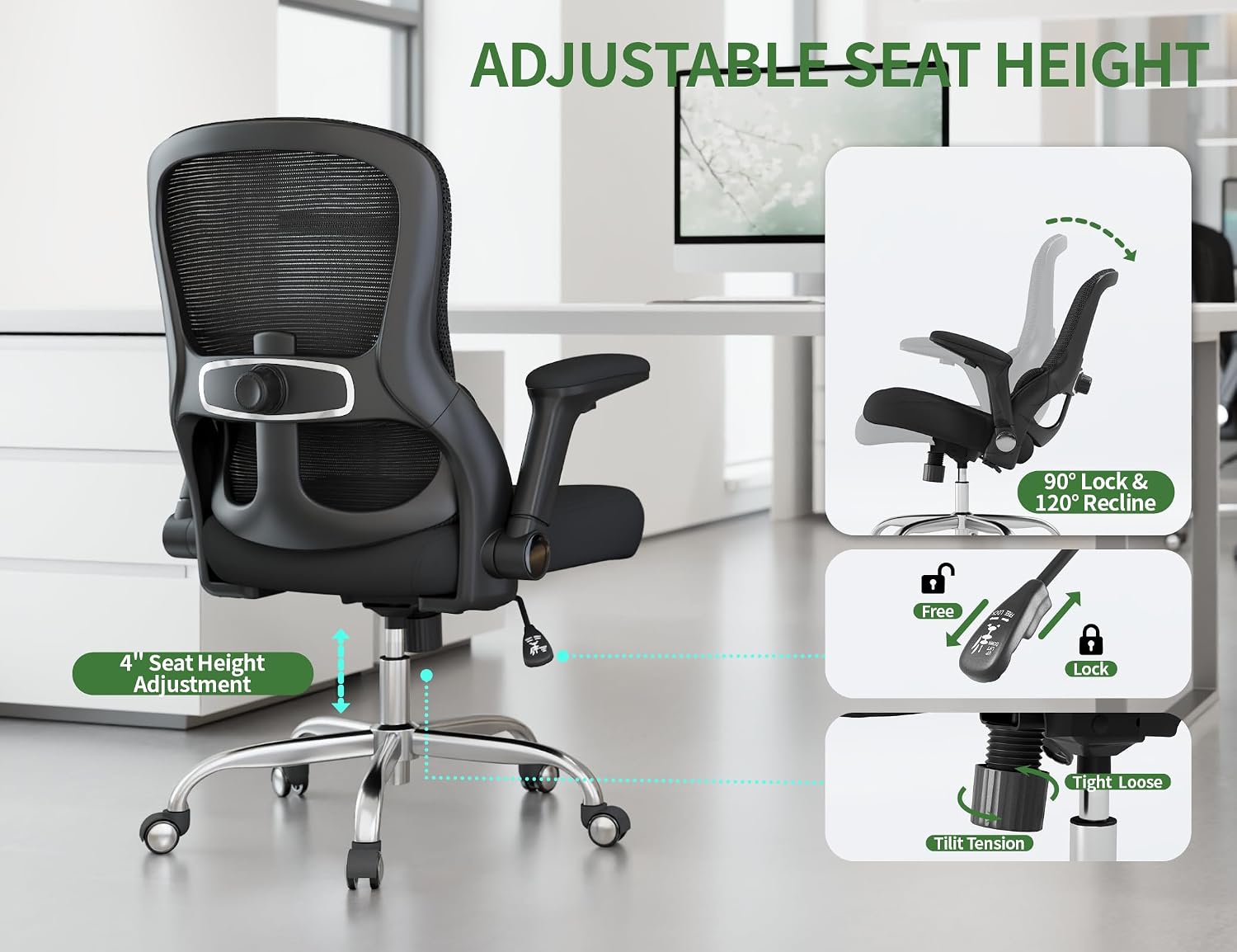 Office Chair Ergonomic Desk Chair Comfy: 400LBS Mesh Computer Chair Ergonomic Gaming Chairs with Wheels Adjustable Lumbar Support and Flip up Armrest-Swivel Executive Chairs Long Hours(Full Black)