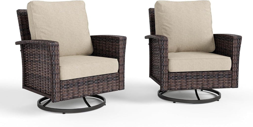HERA'S HOUSE Outdoor Furniture, 2 x High Back Swivel Patio Chairs with 5.5' Cushions Wicker Rattan Deck Balcony Porch Furniture, Beige