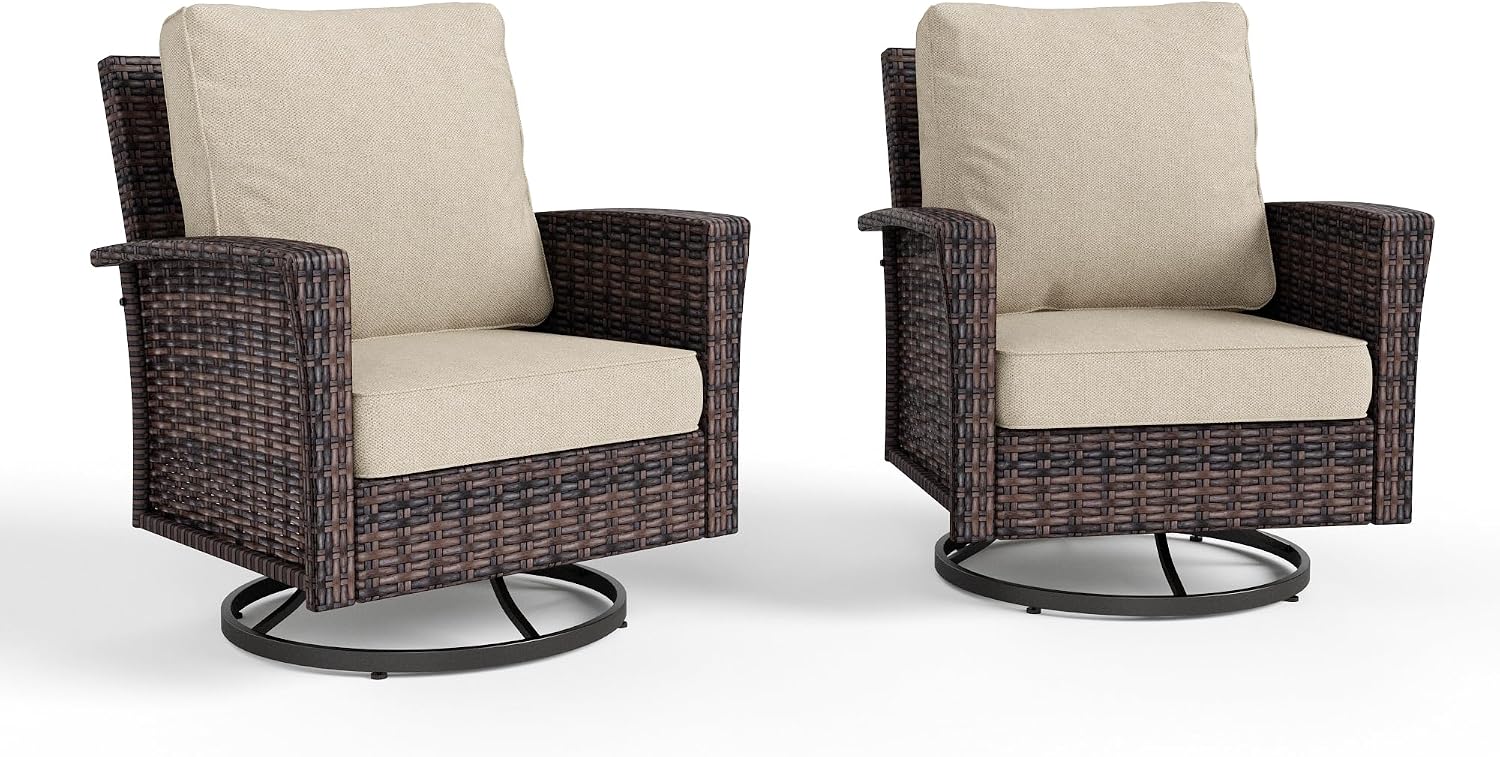 HERA'S HOUSE Outdoor Furniture, 2 x High Back Swivel Patio Chairs with 5.5' Cushions Wicker Rattan Deck Balcony Porch Furniture, Beige