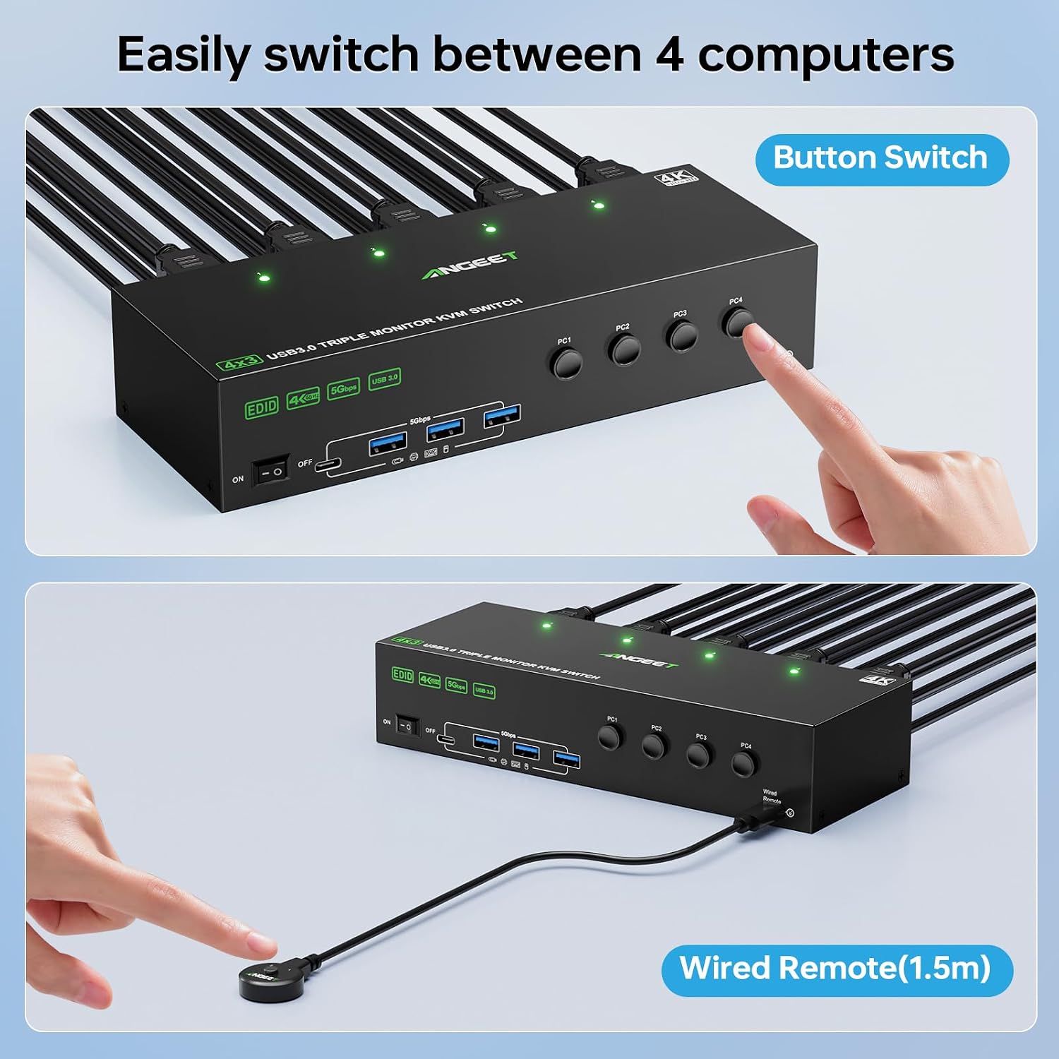 KVM Switch 3 Monitors 4 Computers 4K@60Hz EDID Simulation, 2 HDMI+Displayport KVM Switch Triple Monitor for 4 Computer Share 3 Monitor and 4 USB3.0 Ports, Wired Remote and 4 USB Cables Included