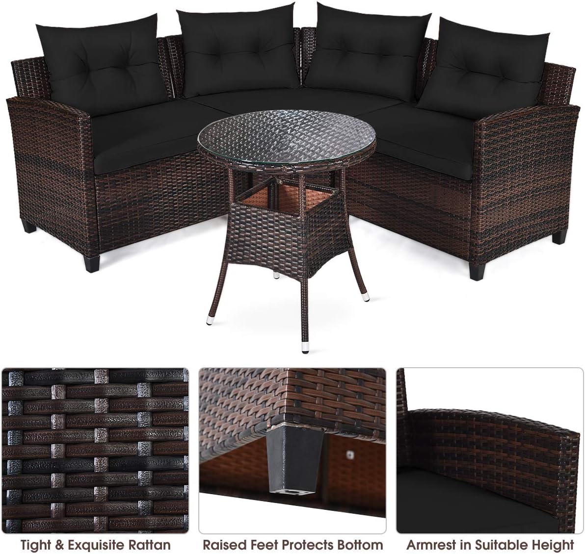 HAPPYGRILL 4 Pieces Rattan Patio Conversation Set, Outdoor Wicker Furniture Set with Cushioned Sofas and Coffee Table, L-Shape Sectional Curved Sofa Set for Garden Poolside Balcony