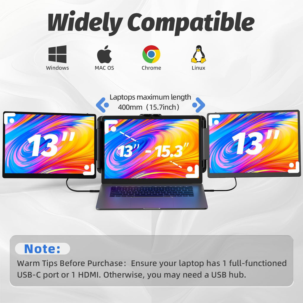KOJOM 2K Laptop Screen Extender - 13' IPS 1440P Triple Screen Laptop Monitor Extender Plug & Play Multi Screen Attachment for 13'-17' Laptops Compatible with Wins Mac Dex Chrome Travel Gaming Work