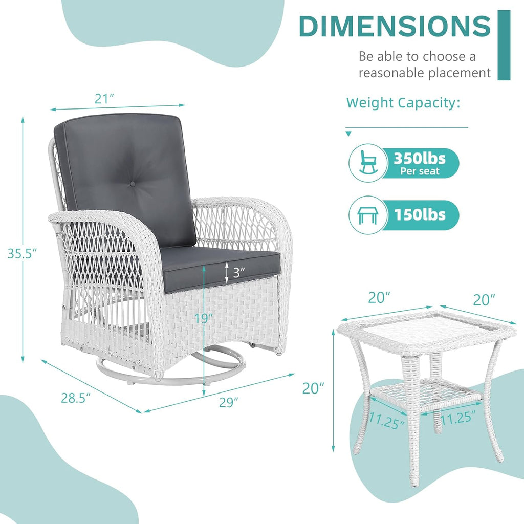 MEETWARM 3 Pieces Outdoor Wicker Swivel Rocker Patio Set, Rocking Chairs Rattan Patio Furniture Sets with Thickened Cushion and Glass-Top Coffee Table, Conversation Bistro Set, White Wicker/Grey