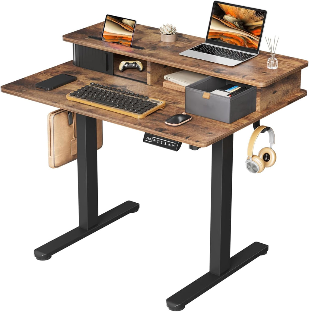 JOY worker Small Electric Standing Desk, 35' x 25' Height Adjustable Desk with Built-in Monitor Stand & Storage Drawer, Sit Stand Desk with 2 Hooks for Home Office, Rustic Brown