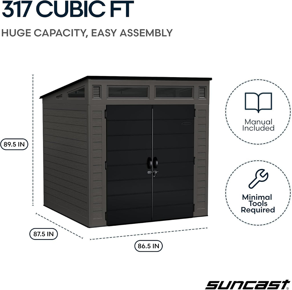 Suncast Modern Outdoor Storage Shed, 200 cu. ft. Peppercorn Resin Shed for Lawn Mower, Bikes, Utility Tools, Patio, & Yard. Weatherproof & Lockable Modern Sheds & Outdoor Storage, Made in USA