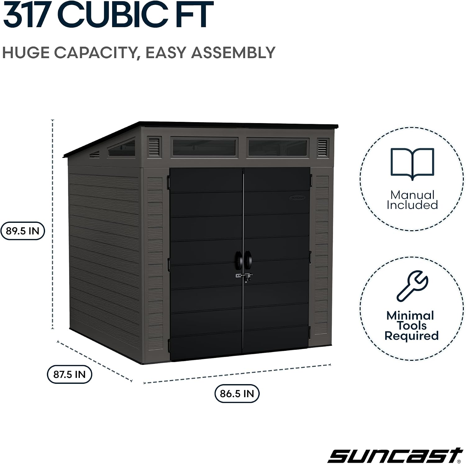 Suncast Modern Outdoor Storage Shed, 200 cu. ft. Peppercorn Resin Shed for Lawn Mower, Bikes, Utility Tools, Patio, & Yard. Weatherproof & Lockable Modern Sheds & Outdoor Storage, Made in USA