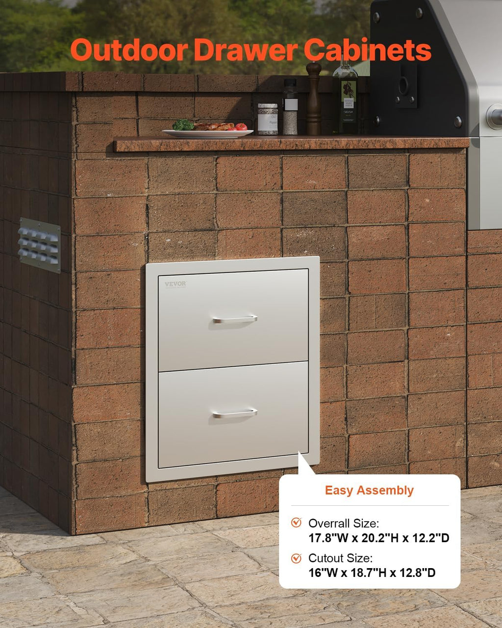 VEVOR Outdoor Kitchen Drawers, 17.8W x 20.2H x 12.2D Inch, Flush Mount Double BBQ Drawer, Stainless Steel BBQ Island with Handle, for Outdoor Kitchens or Patio Grill Station