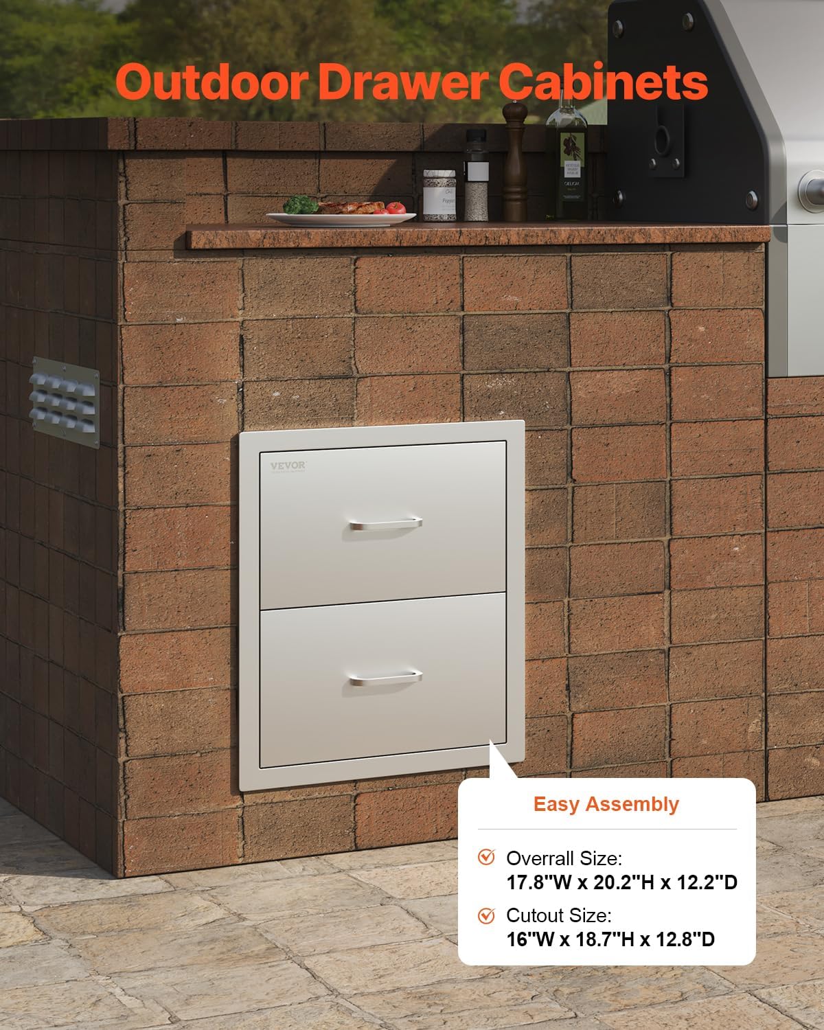 VEVOR Outdoor Kitchen Drawers, 17.8W x 20.2H x 12.2D Inch, Flush Mount Double BBQ Drawer, Stainless Steel BBQ Island with Handle, for Outdoor Kitchens or Patio Grill Station
