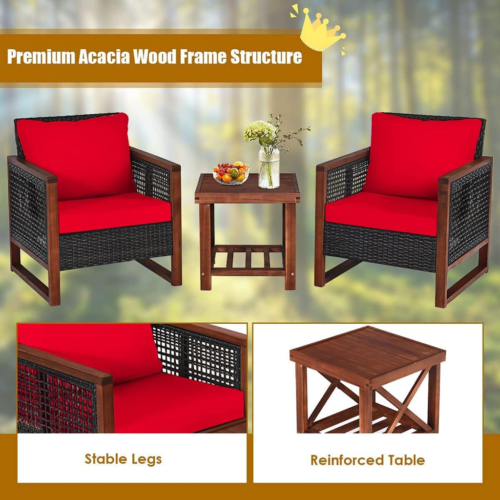 HAPPYGRILL 3-Pieces Outdoor Patio Furniture Set Wicker Chairs with Coffee Table Balcony Porch Furniture Bistro Set with Acacia Wood Frame and Washable Cushions for Garden Poolside Backyard