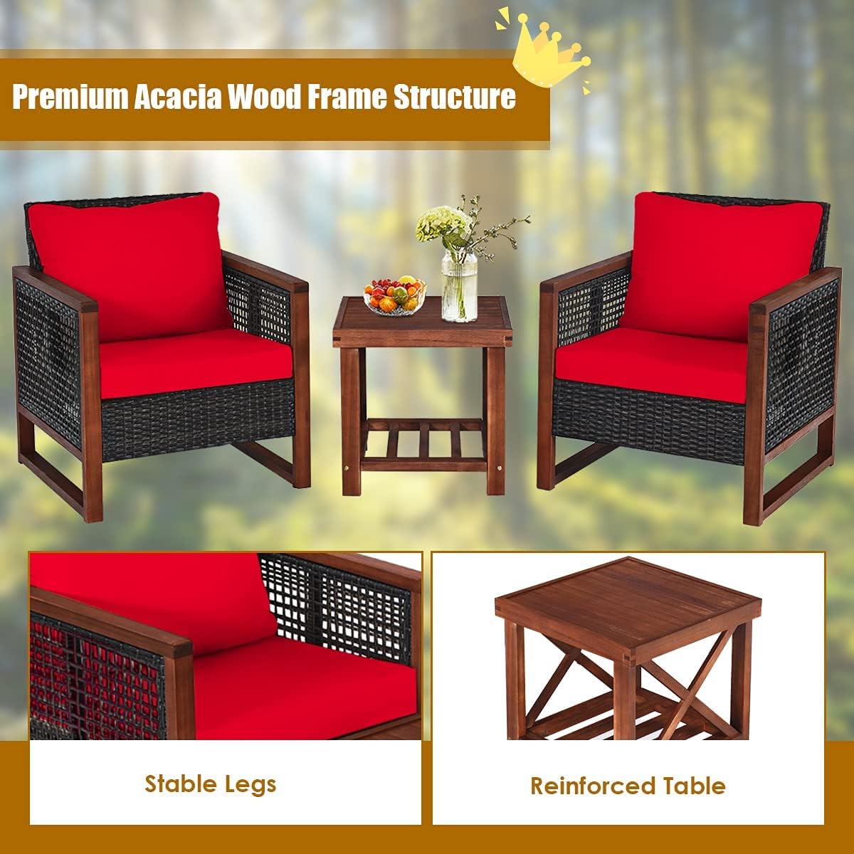 HAPPYGRILL 3-Pieces Outdoor Patio Furniture Set Wicker Chairs with Coffee Table Balcony Porch Furniture Bistro Set with Acacia Wood Frame and Washable Cushions for Garden Poolside Backyard