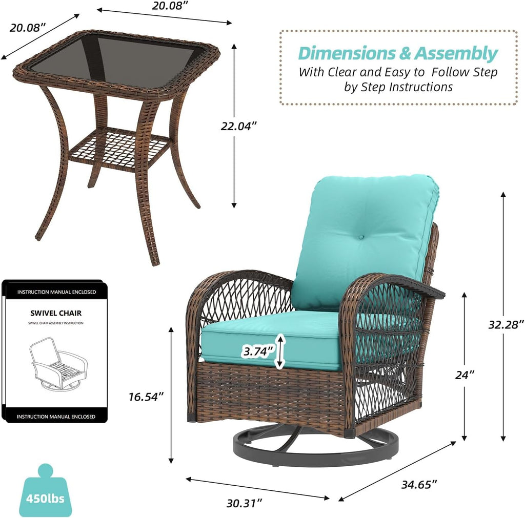 MELLCOM 3 Pieces Patio Furniture Set, Outdoor Swivel Rocker Patio Chairs, Wicker Patio Bistro Set with Rocking Chair, Thickened Cushions and Glass Coffee Table for Backyard, Garden, Peacock Blue