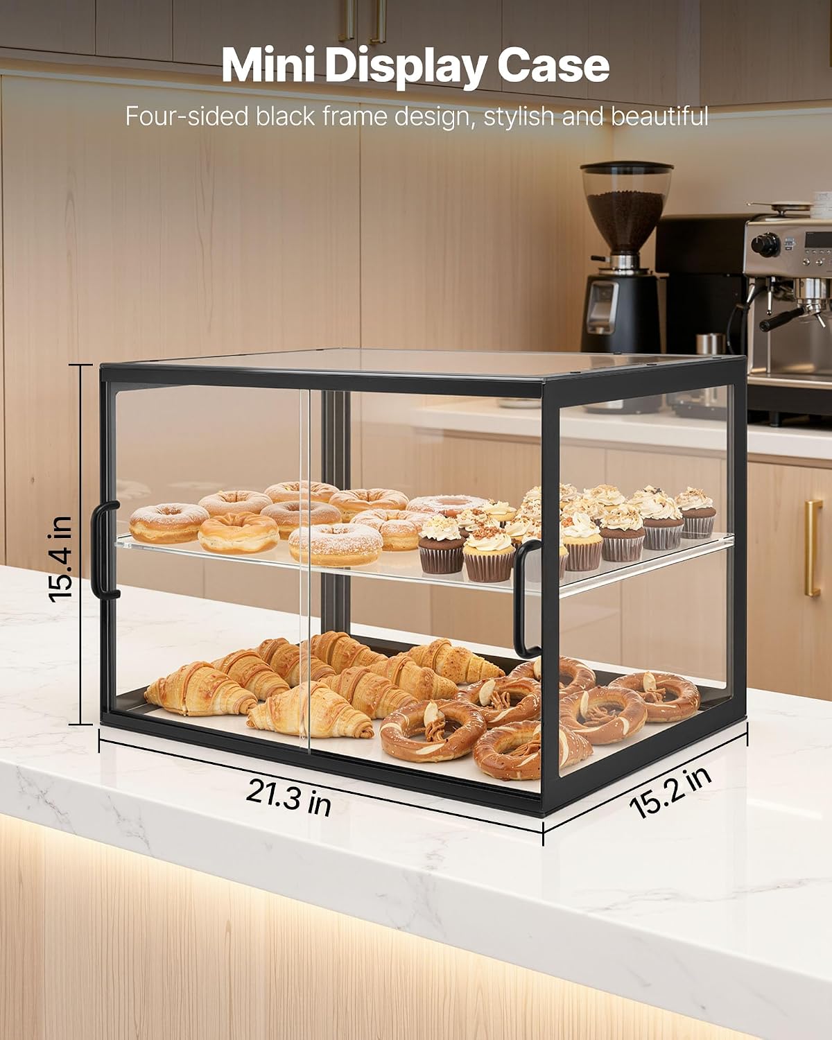 VEVOR Bakery Display Case, 2-Tier Commercial Countertop Pastry Display Case, Clear Acrylic Bread Box for Kitchen, Party Cake Cabinet with Sliding Door for Cookie Dessert Donut, 21.7' x 15.2' x 15.4'