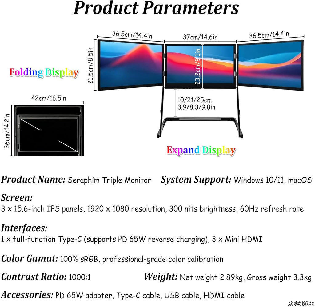 Foldable 15.6' Triple Monitor for Laptop, 1080p FHD Tri-Fold Screen Extender, Portable Extended Display with 178° Adjustable Viewing Angles for Enhanced Productivity