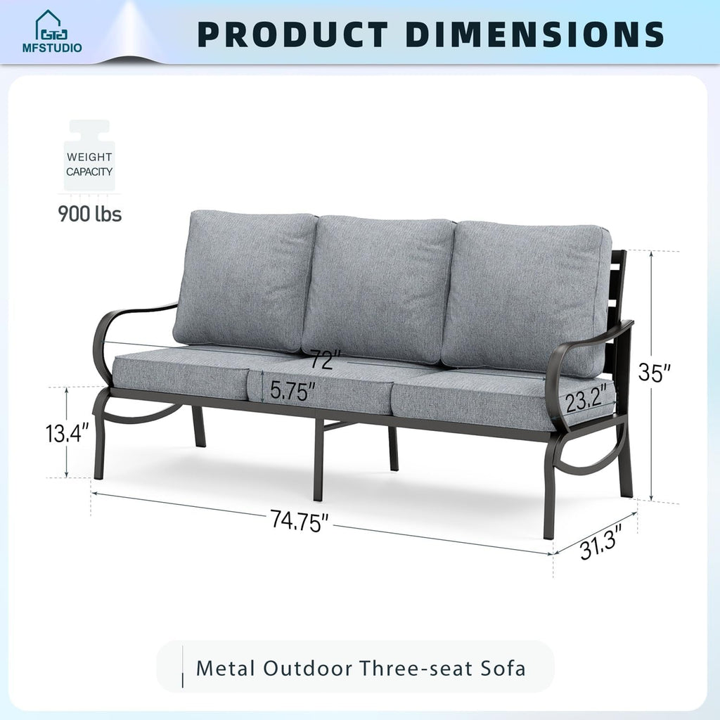 MFSTUDIO Metal Patio Furniture Sets, All-Weather Steel Frame Outdoor Conversation Set Patio Sofa Set with 3-Seats for Garden, Backyard(Grey Cushion)