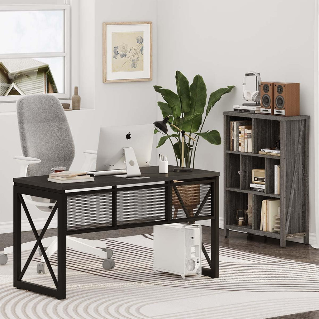 BON AUGURE Black Computer Desk, Modern Gaming Desk, Industrial Wood Office Desks, Sturdy Writing Desks for Home Office, Living Room, Study Workstation, Bedroom (Black, 54 Inch)