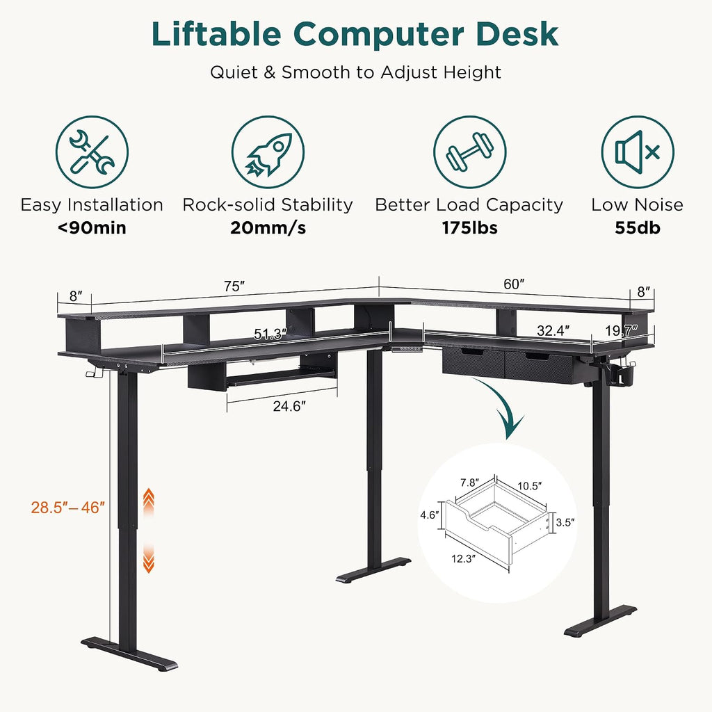 RedLemon 75X60 Inches L Shaped Electric Standing Desk, Height Adjustable Corner Gaming Desk with Drawers, Power Outlets & LED Lights, Computer Desk with Monitor Shelf, Carbon Fiber Black