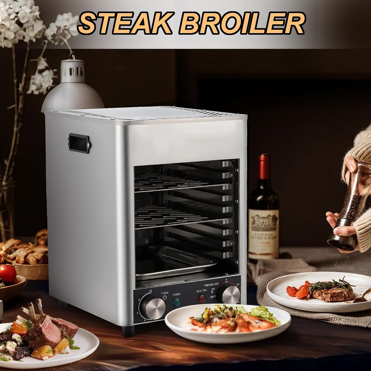 Electric Steak Grill Indoor, 1700W Steak Broiler,With Tray/Baking Tray,800℃ Adjustable Temperature & 10Min Timer,110V