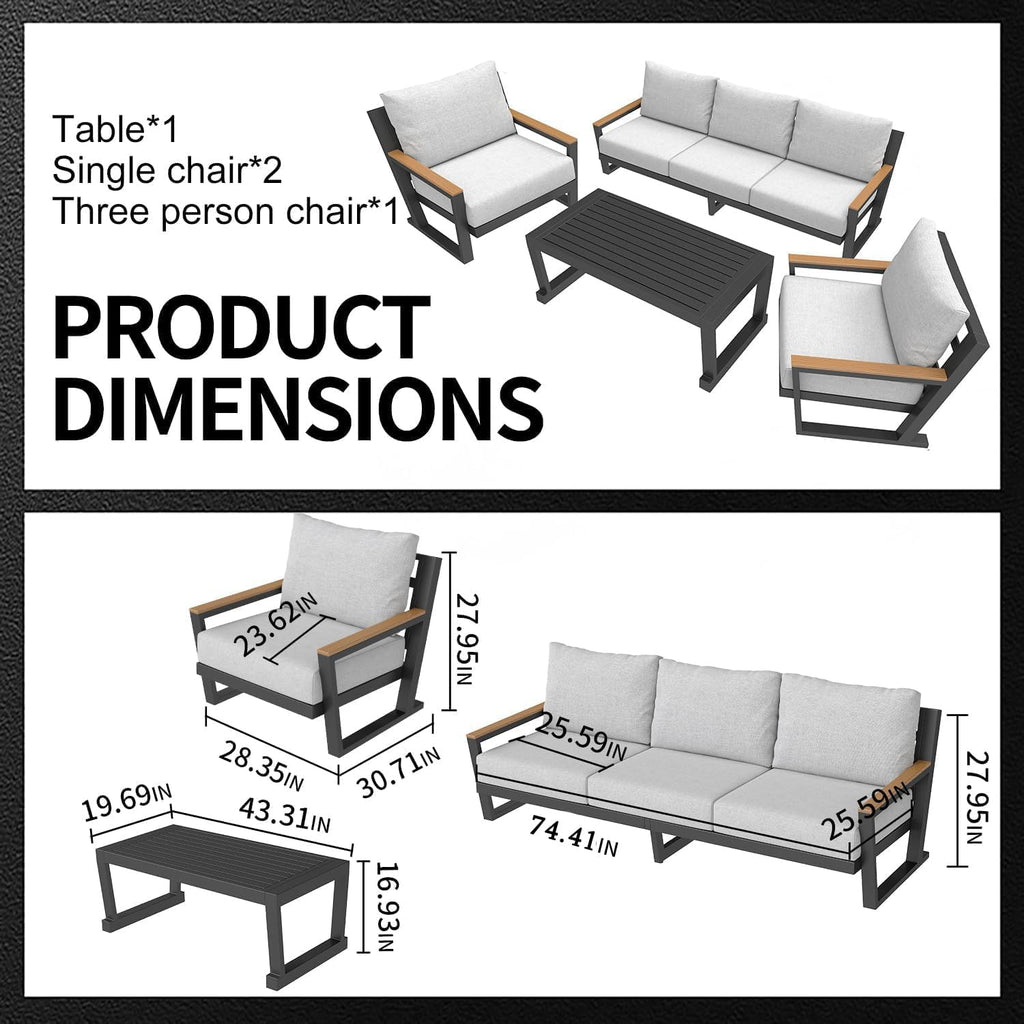 Aluminum Patio Furniture Set, All Weather Rust Proof Outdoor Conversation Set with Washable Cushions, Metal Frame Sofa for Poolside Backyard Garden Balcony Grey