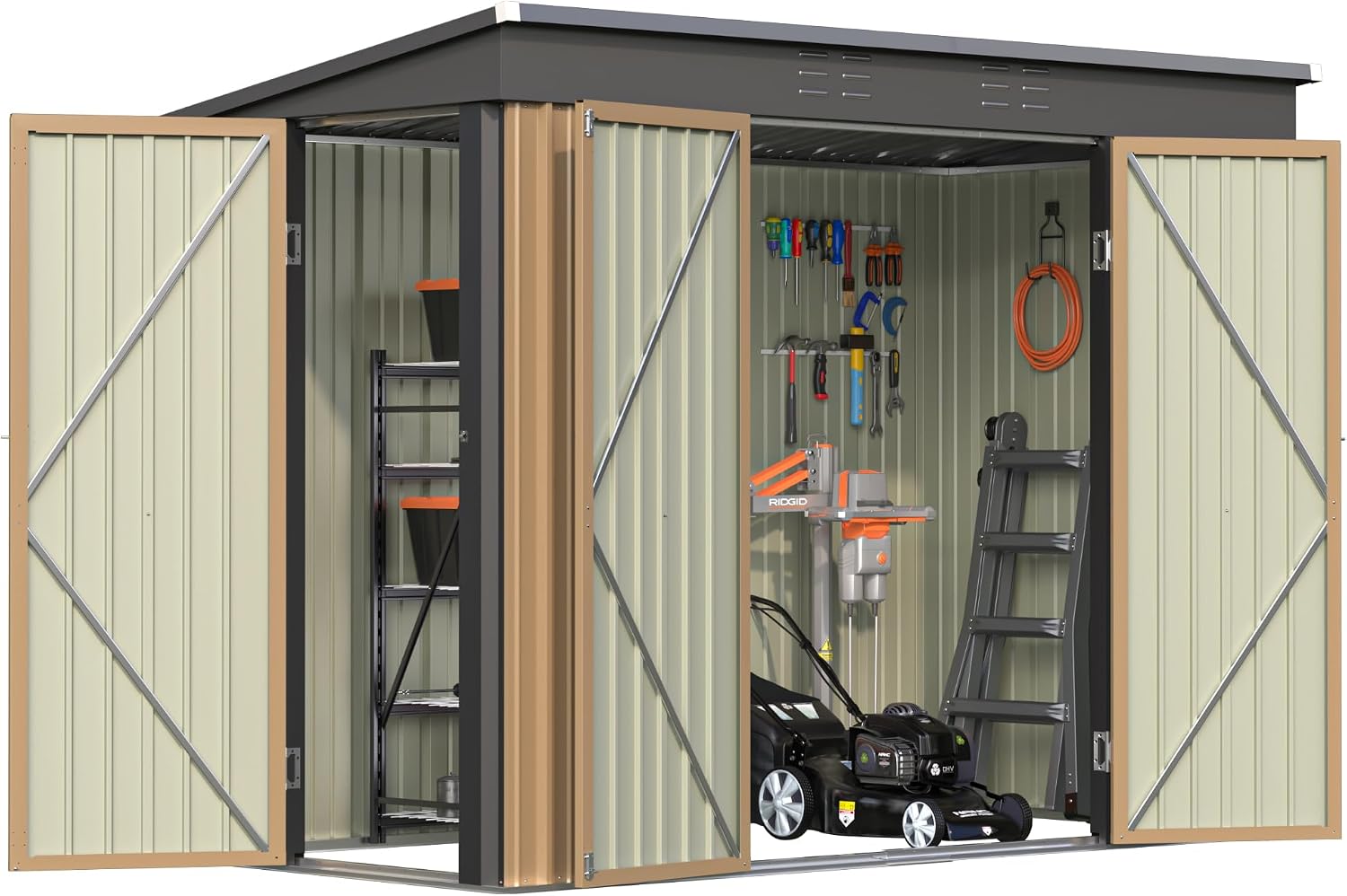 Greesum 8x4FT Outdoor Storage Shed, Metal Shed with Triple Lockable Door, Utility Tool Storaged Garden Shed with Slopping Roof for Patio Storage, Brown