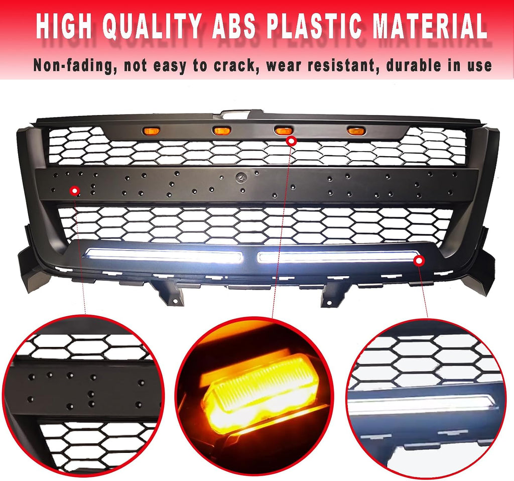 Front Grille Compatible with 2016 2017 2018 2019 2020 Colorado Replacement Front Grill, Black Letters and 4 LED Lights (with 2 LED Bars)