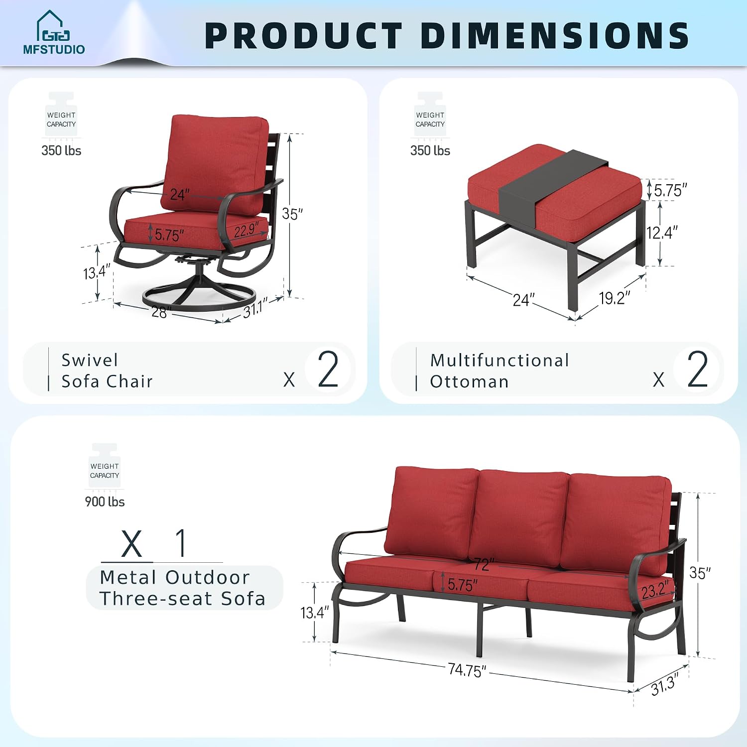 MFSTUDIO 5 Pieces Patio Conversation Sets,Outdoor Metal Furniture Sofas with 1 x 3-Seat Sofa, 2 x Swivel Chairs,2 x Ottoman,Wrought Iron Frame with Red Cushion for Patio Courtyard Balcony