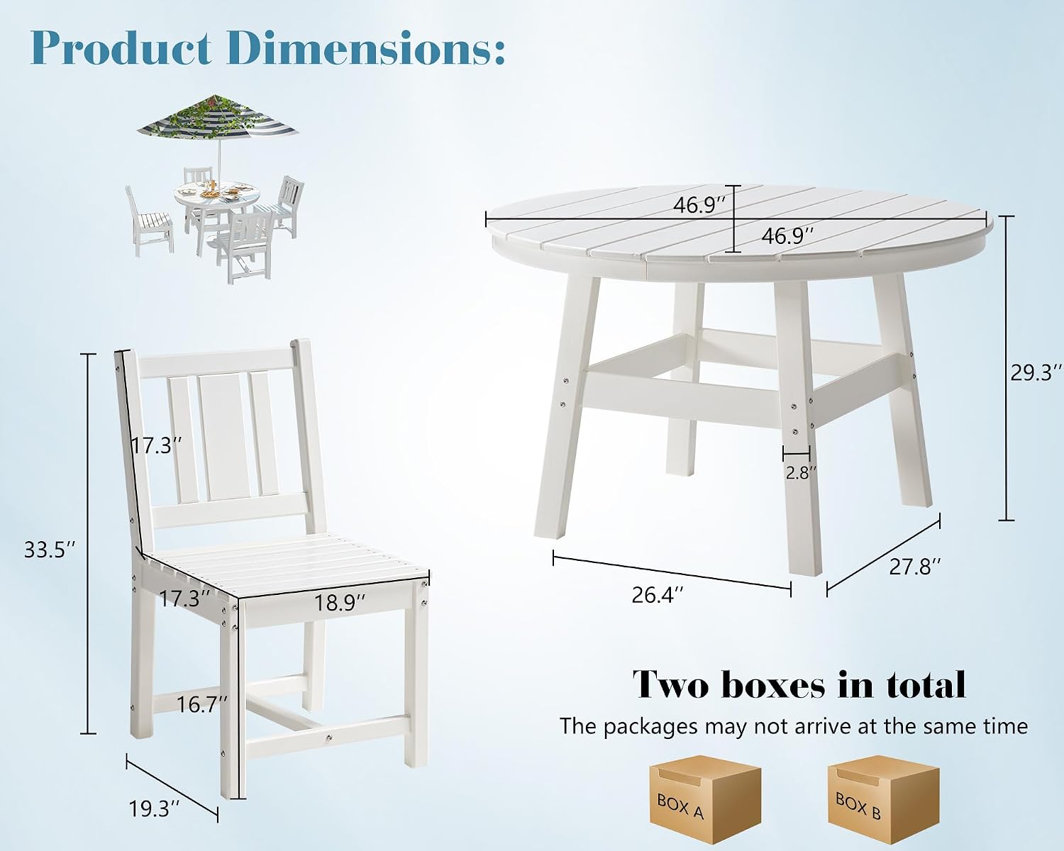 AMERLIFE 5 Piece HDPE Patio Dining Table Set, All-Weather Outdoor Table and Chairs Set Furniture with Umbrella Hole for Garden, Backyard, Poolside, Seaside, White