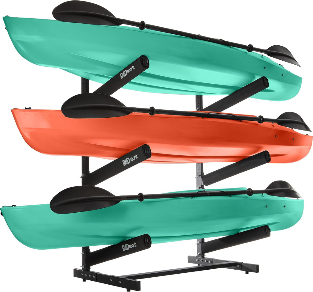 RAD Sportz Freestanding Kayak Storage Rack – Heavy Duty Adjustable Multi-Level Stand with Padded Arms for Kayaks, Canoes & Paddleboards (2, 3 or 4 Tier, Indoor/Outdoor Garage Organizer)