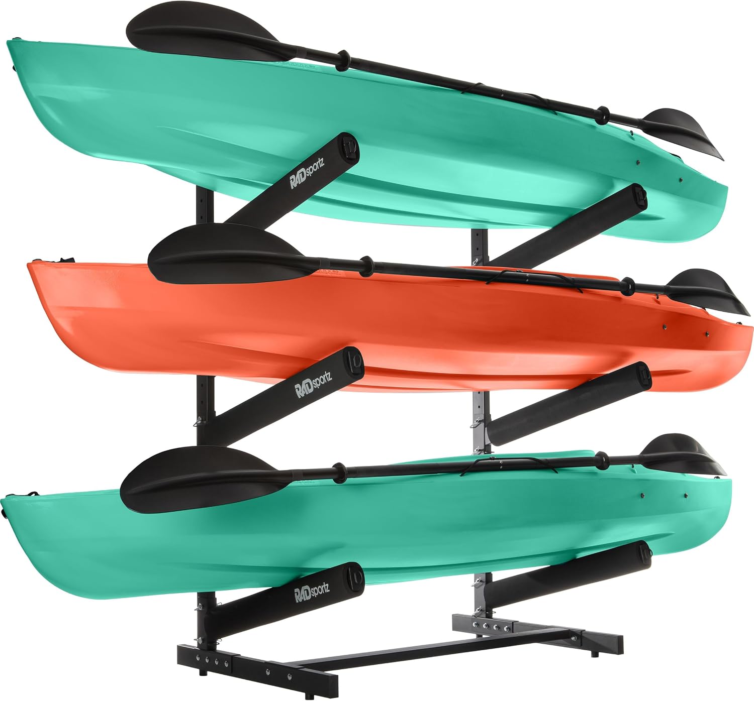 RAD Sportz Freestanding Kayak Storage Rack – Heavy Duty Adjustable Multi-Level Stand with Padded Arms for Kayaks, Canoes & Paddleboards (2, 3 or 4 Tier, Indoor/Outdoor Garage Organizer)