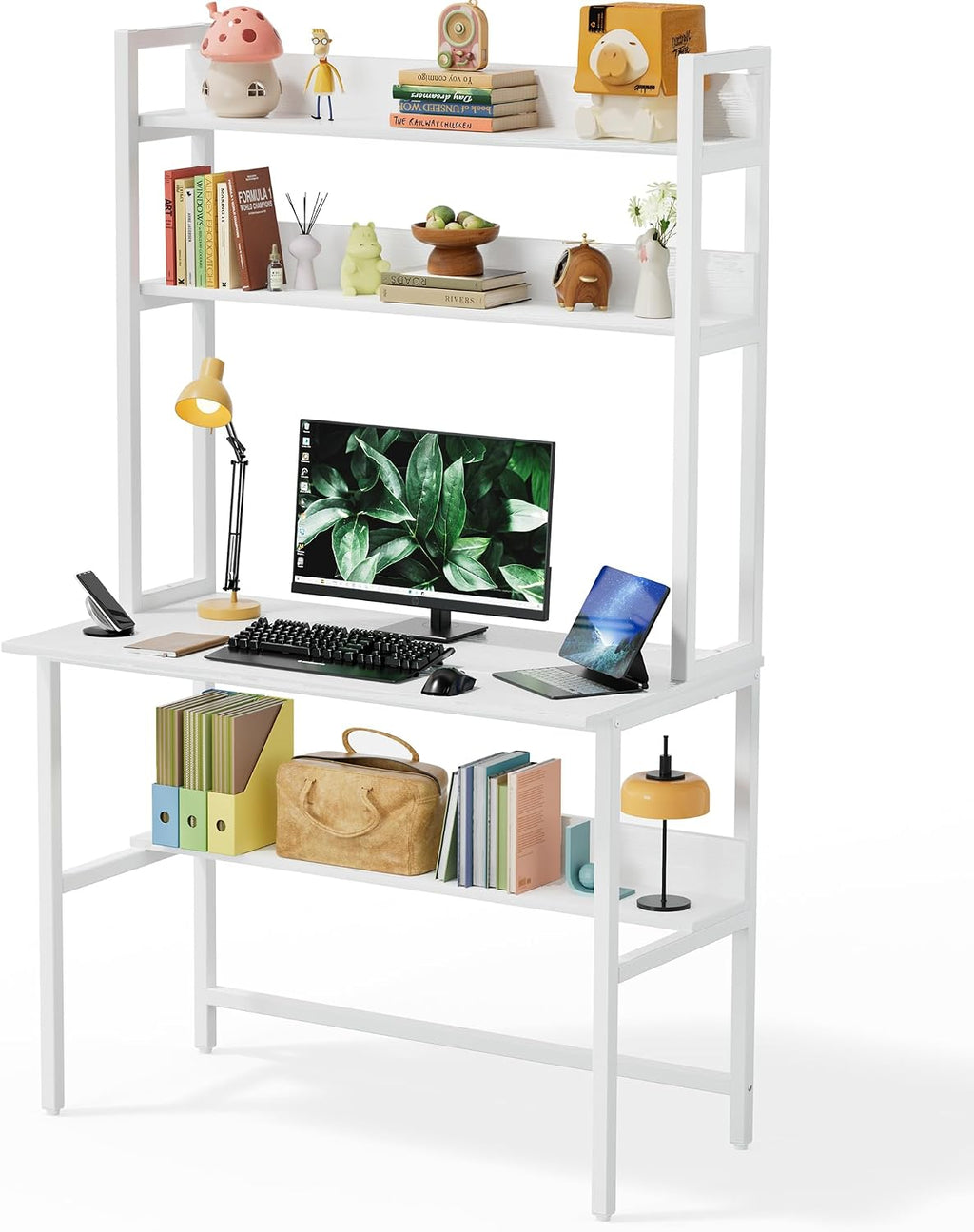 Aquzee Computer Desk with Hutch, 40'W x 19.6' D Desk with Shelves, Tall Home Office Desk with Bookshelf, Metal Legs Study Table with Upper Storage Shelf for Study Writing/Workstation, White