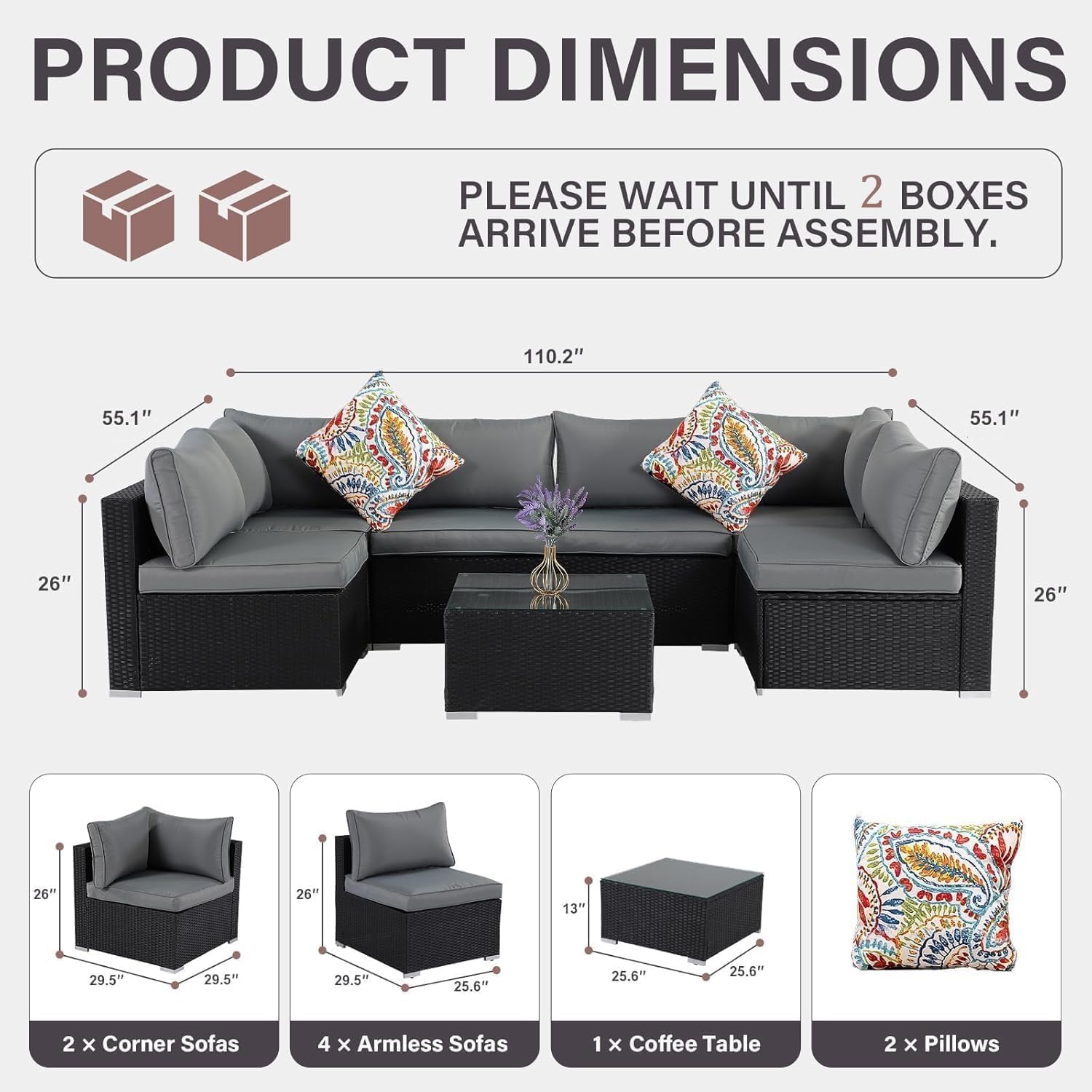 7-Piece Outdoor Patio Furniture Set, Outdoor Couch - Handwoven All-Weather Rattan & 4' Thick Waterproof Cushions, Wicker Outdoor Conversation Sets with Coffee Table for Backyard, 2026, Black/Grey