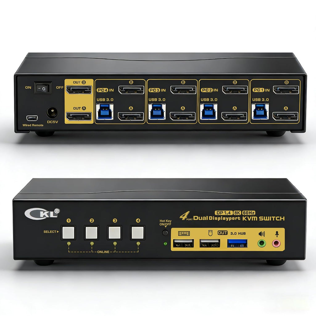 CKL KVM Switch DisplayPort 1.4 8K@30Hz 5K@60Hz 4K@144Hz(4 Computers 2 Monitors)