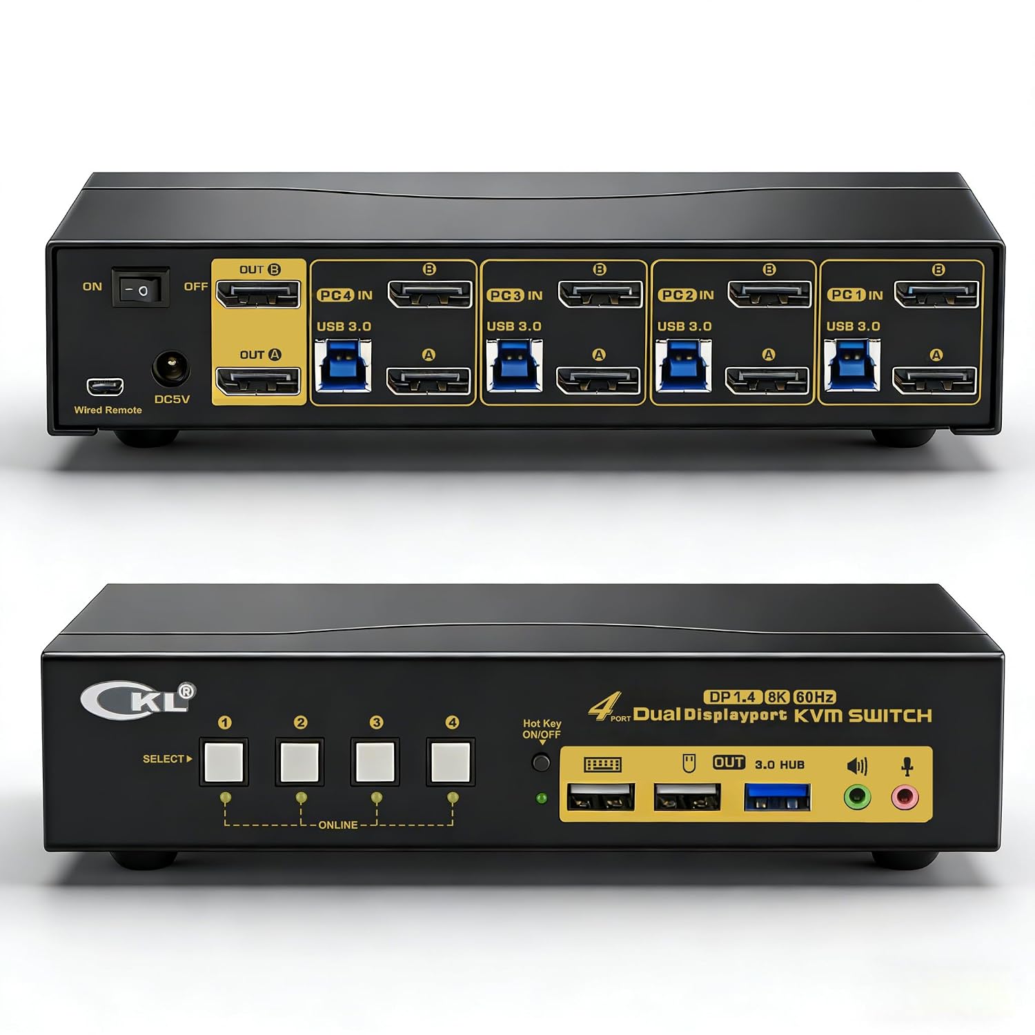 CKL KVM Switch DisplayPort 1.4 8K@30Hz 5K@60Hz 4K@144Hz(4 Computers 2 Monitors)