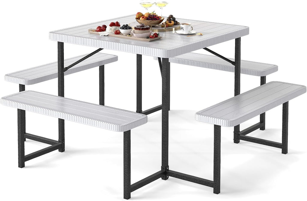 Giantex Picnic Table Bench Set for 4-8 People, 34' Outdoor Square Dining Table & 2 Benches w/Umbrella Hole, HDPE Tabletop, Metal Frame, Patio Camping Furniture for Backyard Porch Lawn (White,Square)
