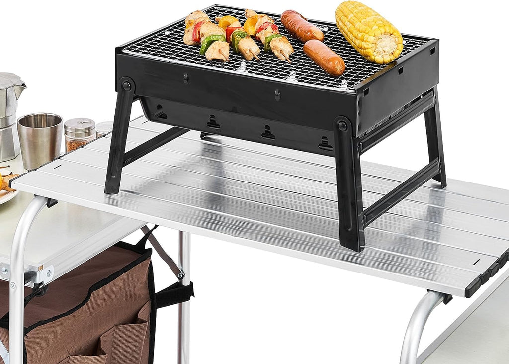 VEVOR Camping Kitchen Table, Folding Outdoor Cooking Table with Storage Carrying Bag, Aluminum Cook Station 1 Cupboard & Detachable Windscreen, Quick Set-up for Picnics, BBQ, RV Traveling, Brown