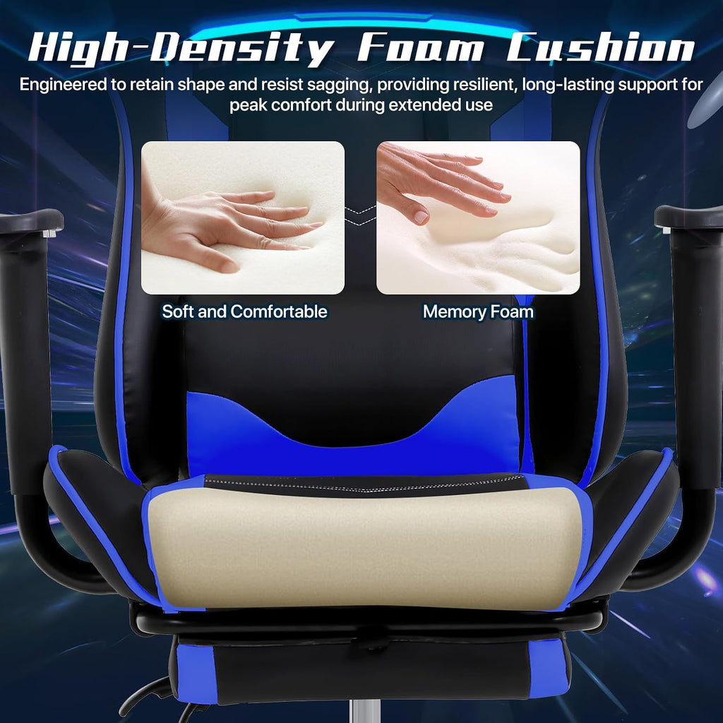 Ergonomic Gaming Chair with Footrest, High Back PU Leather Office Desk Chair for Adults Teens, Rolling Swivel Computer Chair (Blue)