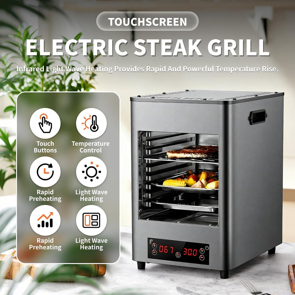 1700W Electric Steak Grill | Indoor Commercial Automatic Steak Grill | with Adjustable time and Temperature | can Grill Beef, Chicken, and Vegetables | for Meat Lovers Grey