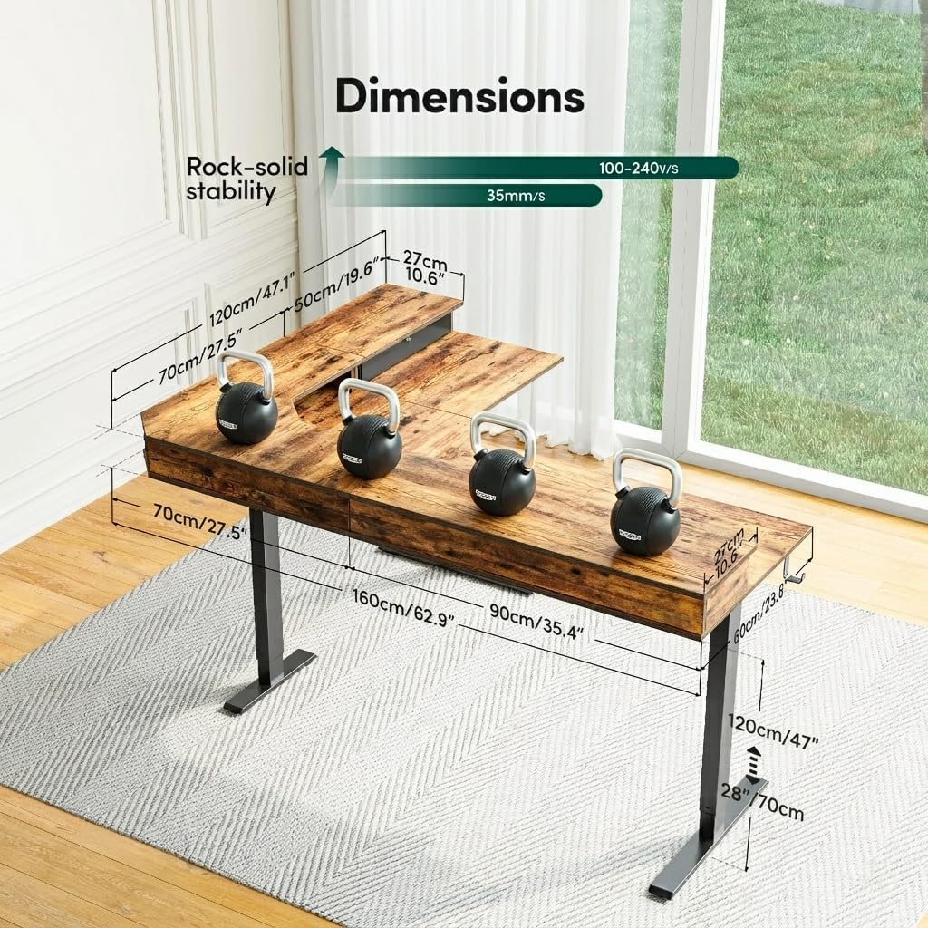 FEZIBO L Shaped Electric Standing Desk, 63x48 inch Large with Drawers | Reversible Tabletop, 2 Memory Height Settings | Home Office & Gaming Height-Adjustable Table, Rustic Brown（2 Packages）