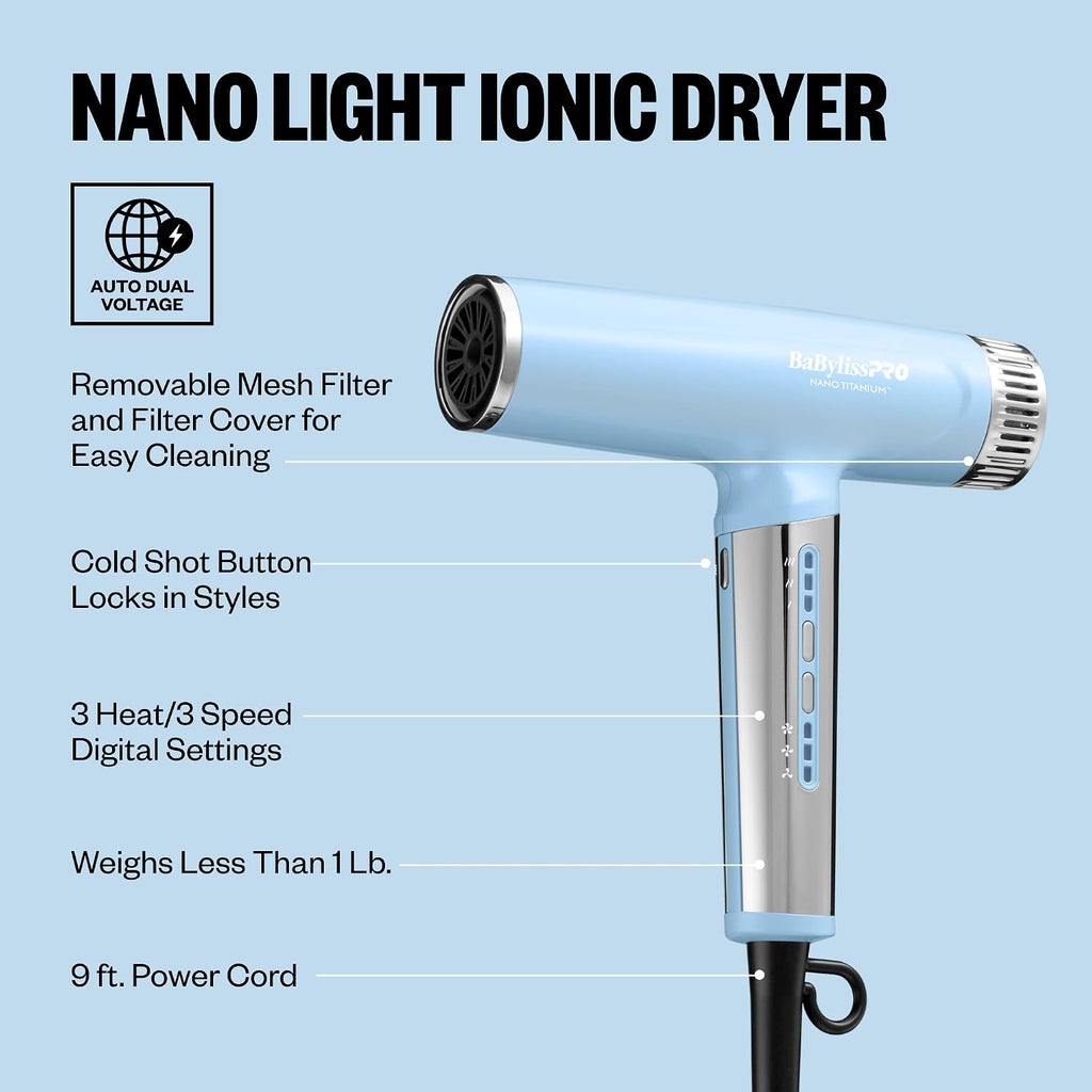 BaBylissPRO Nano Titanium Professional Nano Light Ionic Dual-Voltage Lightweight Hair Dryer