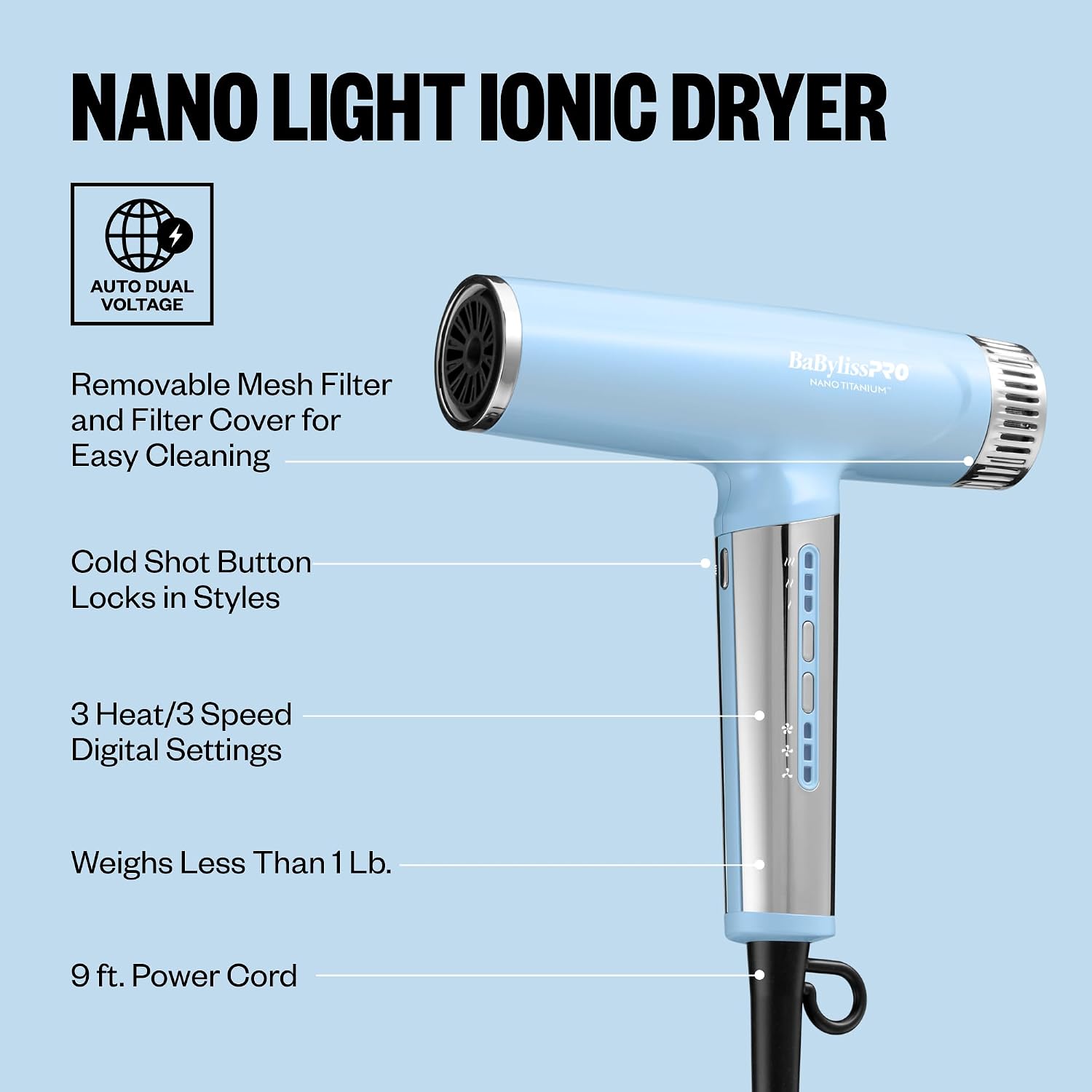 BaBylissPRO Nano Titanium Professional Nano Light Ionic Dual-Voltage Lightweight Hair Dryer