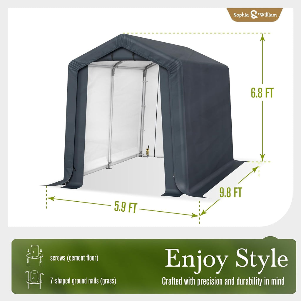 Sophia & William Outdoor Storage Shed,Carport 6x10 ft Heavy Duty, Portable Garden Yard Car Port Shelter Storage Tent Garage with Roll Up Doors and Ventilation, Grey