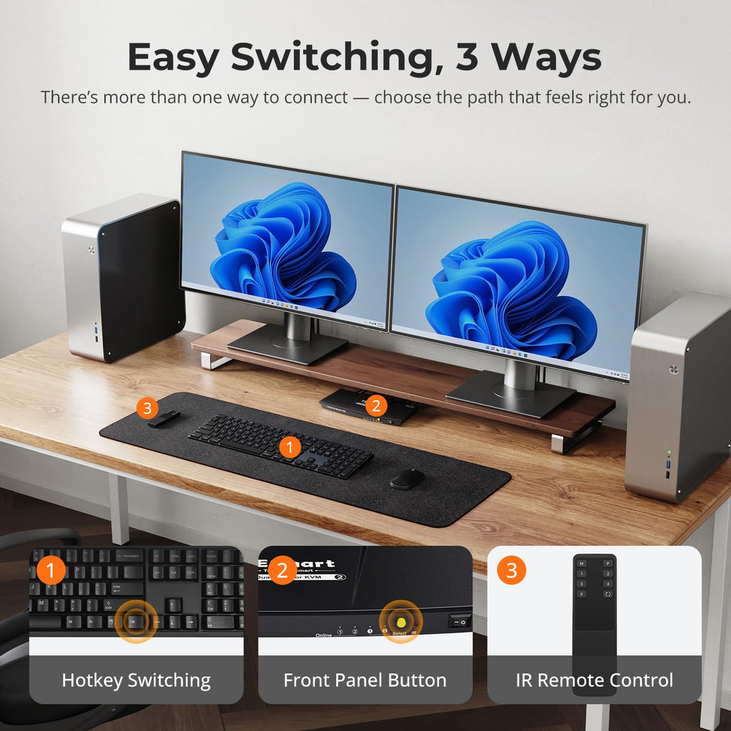 TESmart DisplayPort + HDMI KVM Switch 2 Monitors 2 Computers 4K@60Hz, Dual Monitor KVM Switch 2 Port Extended Display,USB 2.0, EDID Emulators, Hotkey Switch, L/R Audio,Button Switch with Input Cable