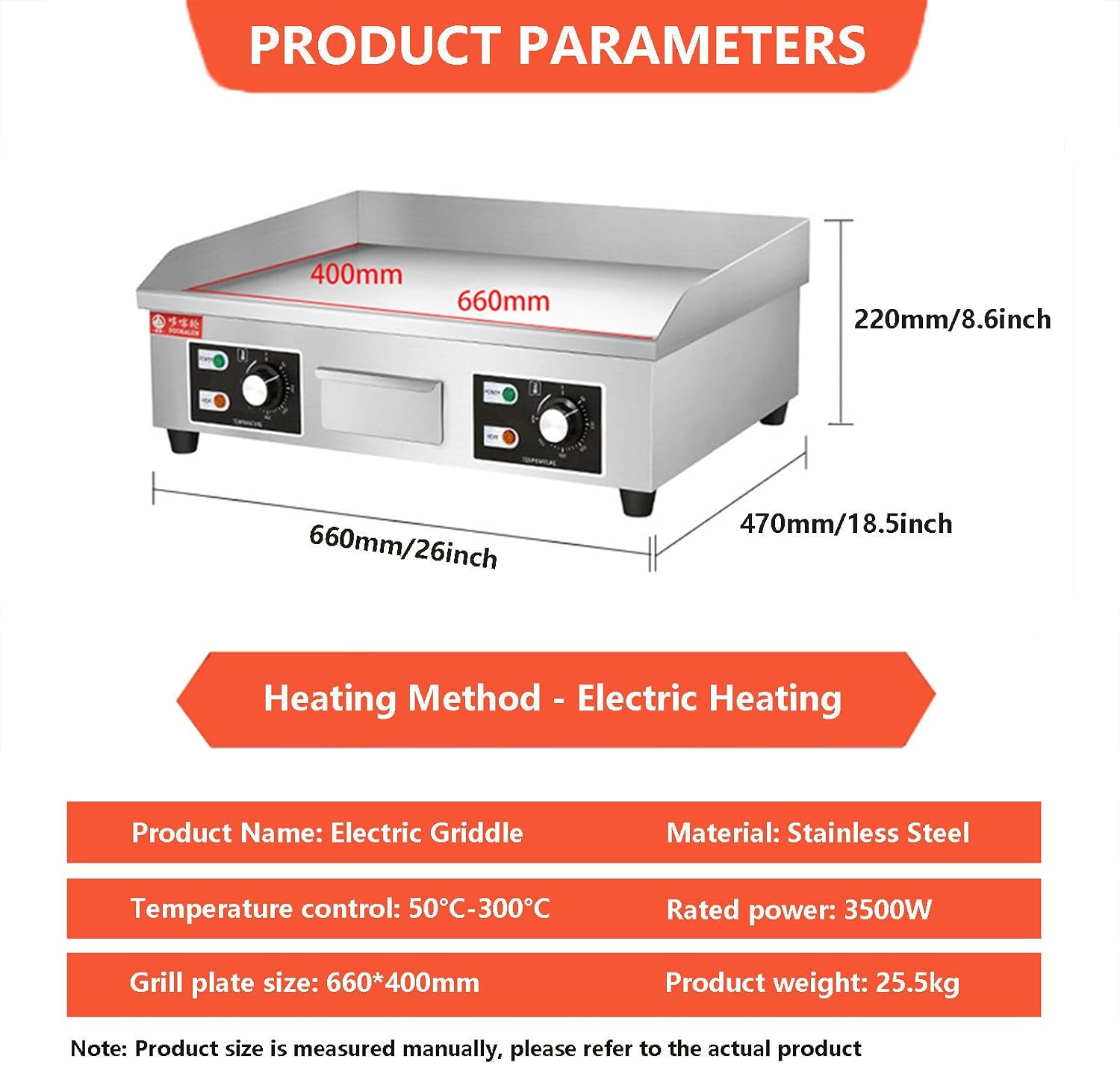 Commercial Electric Griddle 122-572°F, Stainless Steel Teppanyaki Grill Electric Cooker, Countertop Griddle and Hot Plate for Restaurants (With 3 Cleaning Brushes),3500W