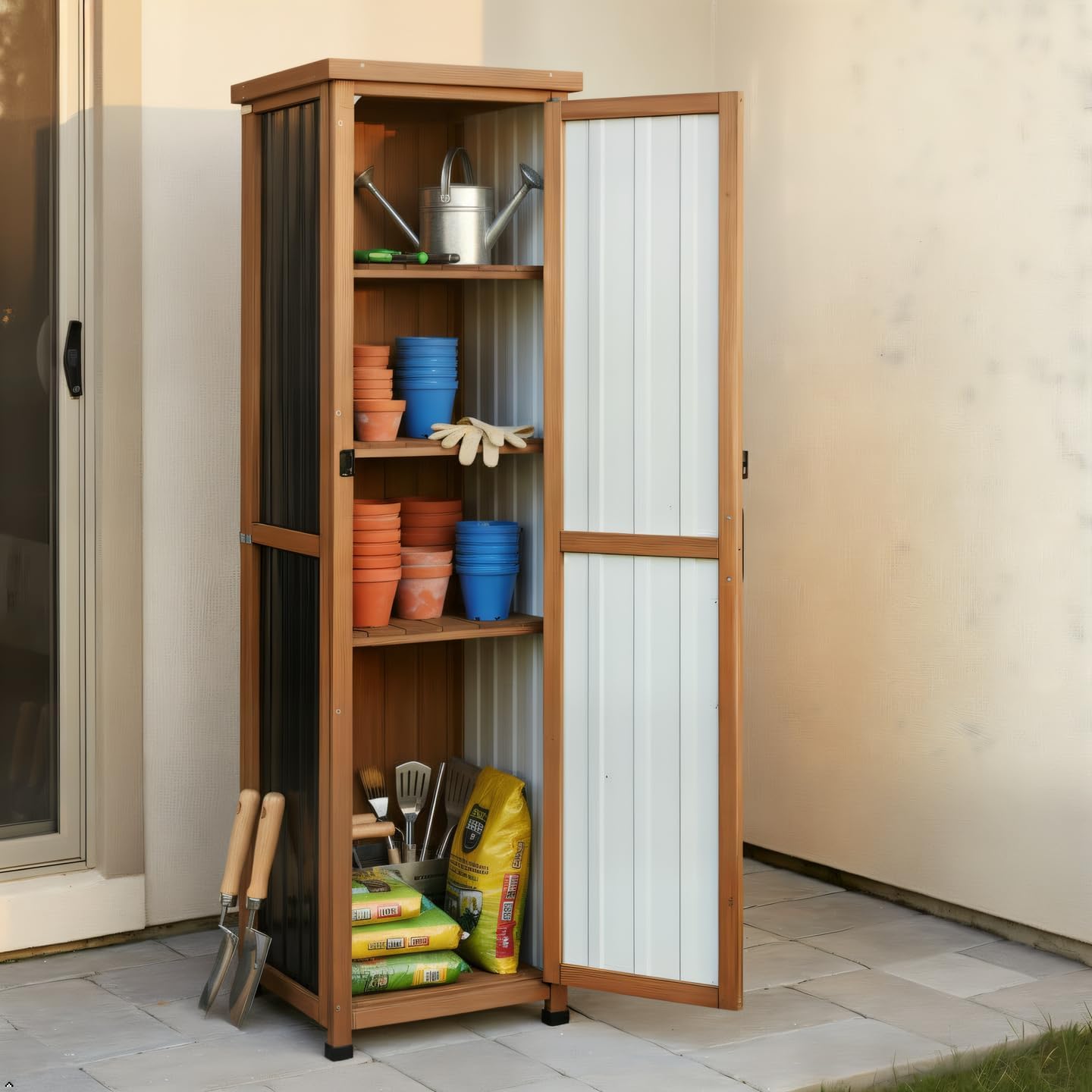 62' H Outdoor Corner Storage Cabinet with Lockable Doors, Outdoor Indoor Small Storage Cabinet with Metal Top, 3 Adjustable Shelves for Patio, Porch, Entryway or Small Spaces