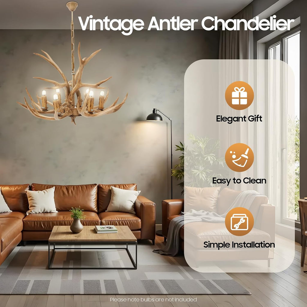TFCFL 6-Light Antlers Chandelier, Retro Country Style Deer Horn Chandelier Lighting Height Adjustable E12 Base Pendant Light for Living Room Bedroom Kitchen Bar, Bulbs Not Included