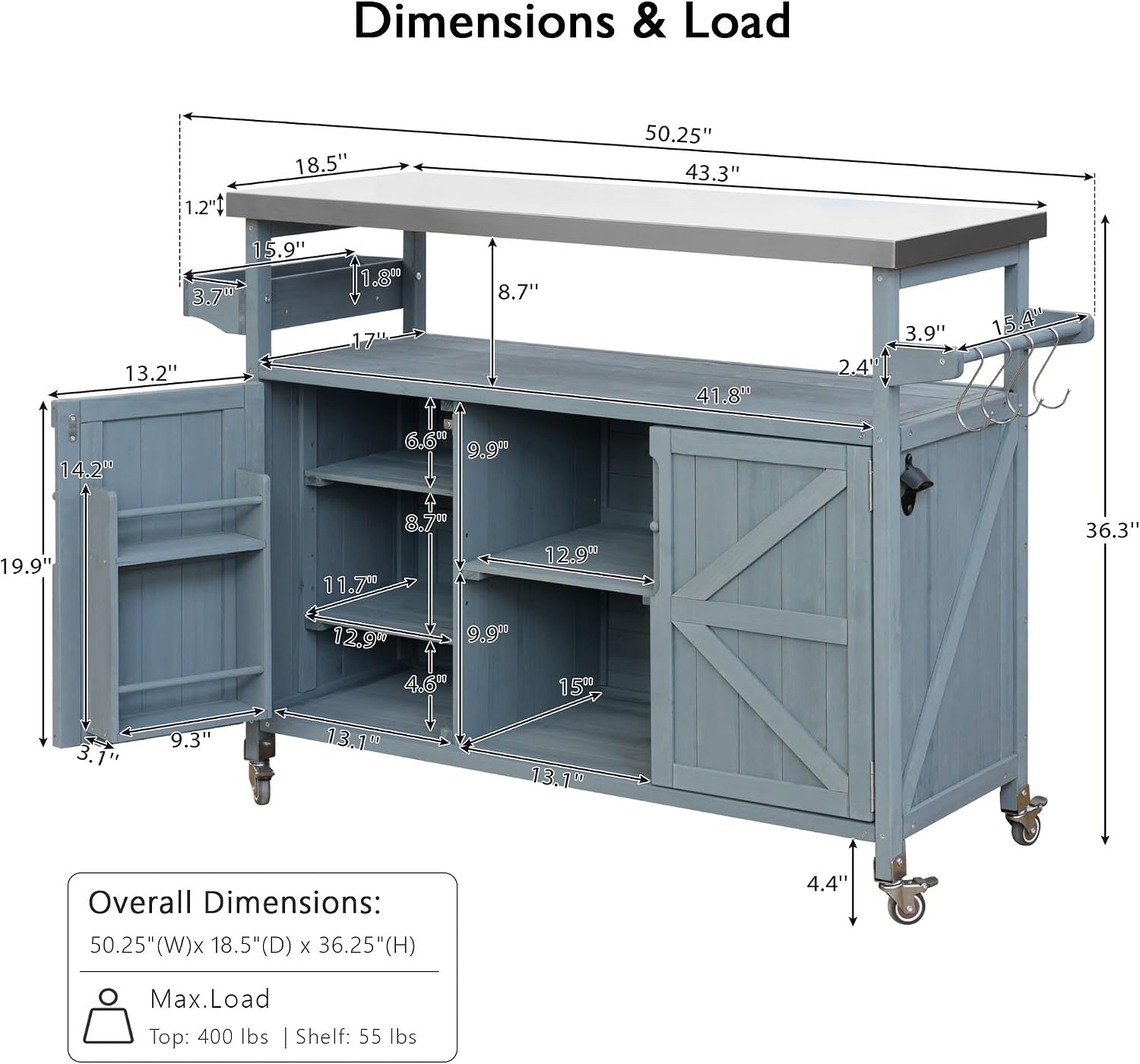 50.25' W Grill Cart with Stainless Steel Tabletop - Outdoor Storage Cabinet for BBQ, Bar Patio Kitchen Island with Ample Storage and Lockable Wheels