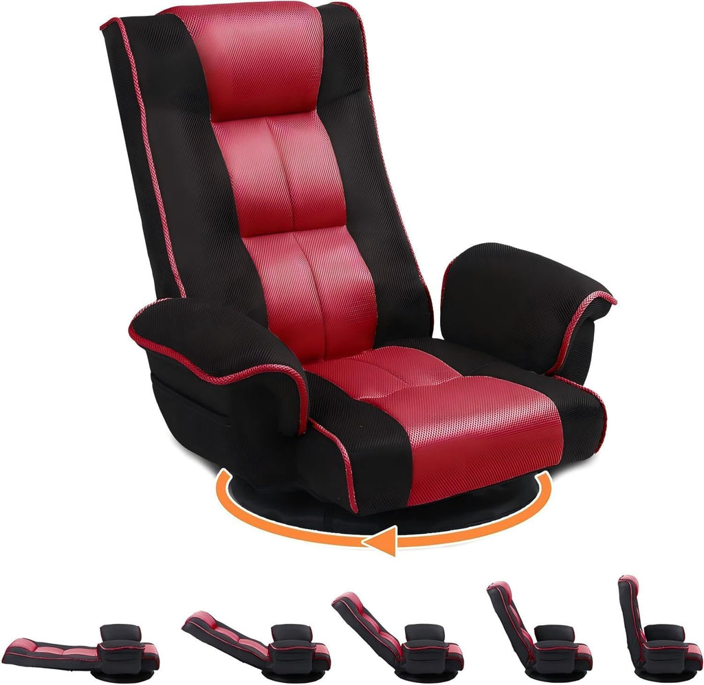 Swivel Floor Chairs for Adults, Floor Gaming Chair with Extra Wide Arms, Back Support 14 Angles Adjustable Comfortable Double Mesh Fabric Lazy Sofa for Video Game Chairs 201 (Black+Red)