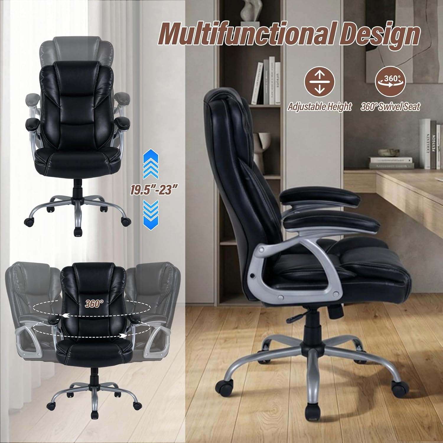 Giantex Executive Office Chair, Leather Ergonomic Computer Desk Chair w/Rocking Function, Padded Seat & Arms, Height Adjustable Gaming Chairs, High Back Rolling Swivel Chair for Home Office (Black)
