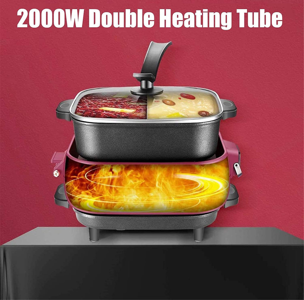 2-IN-1 Electric Grill & Hot Pot, Foldable Roasted Baking Pan Dish Pot,Separately Dual Temperature Control BBQ and Smokeless Shabu-pot,2000W